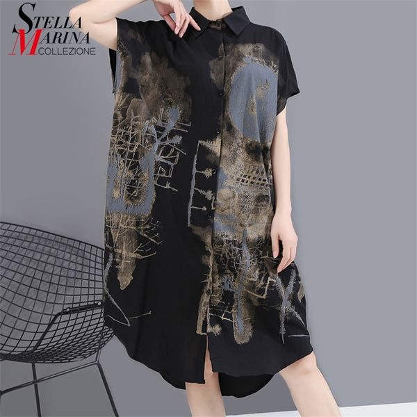 Nuovo stile coreano dipinto estate donna nera abito camicia vintage stampato signore di grandi dimensioni elegante abito longuette casual abito 6107 210331