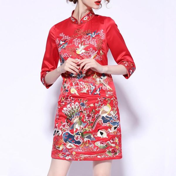 

chinese traditional wedding cheongsam dress qipao lace women vintage flower embroidery elegant lady party ethnic clothing, Red
