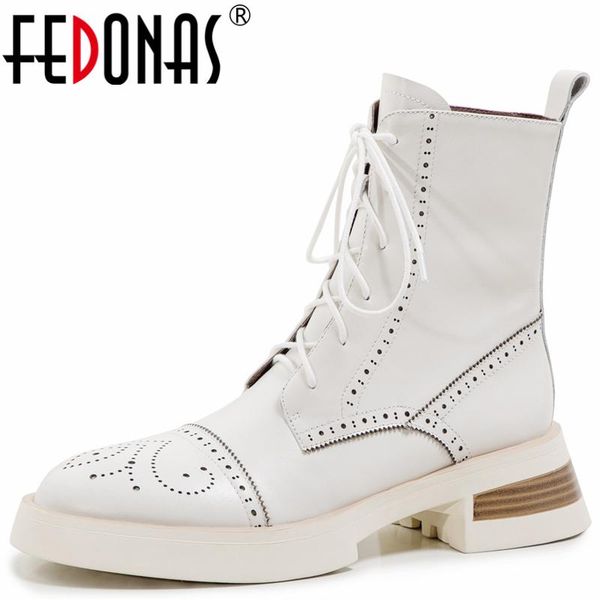 

boots fedonas genuine leather women ankle retro hollow round toe lace-up high heels office shoes woman autumn winter, Black