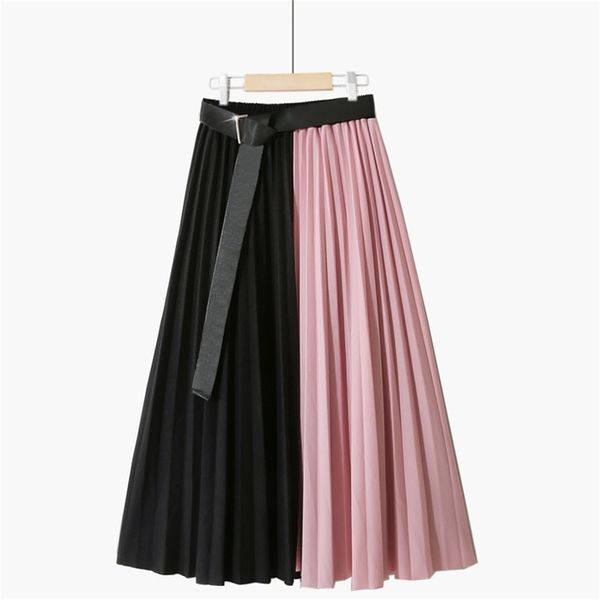 

contrast skirt spring and summer stitching pleated with metal buckle tie belt, medium length large a-line 210529, Black