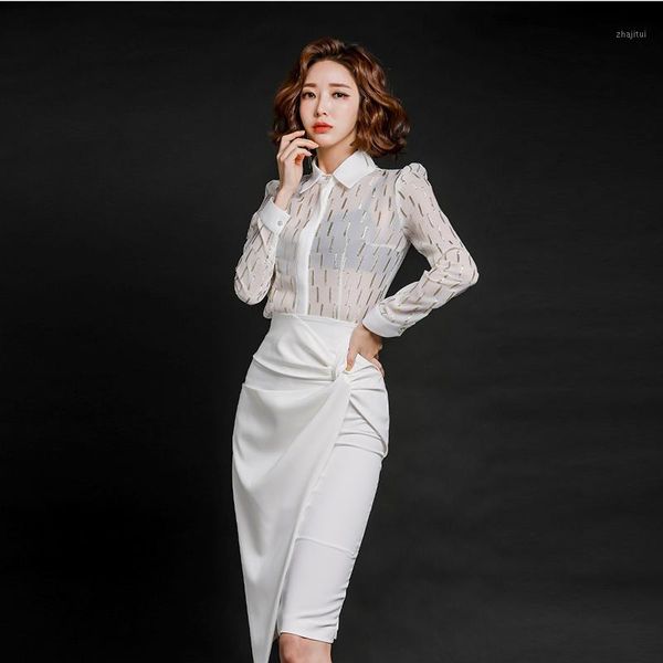 

two piece dress elegant ol style 2 pieces suit set white blouse high waist skirt office ladies women