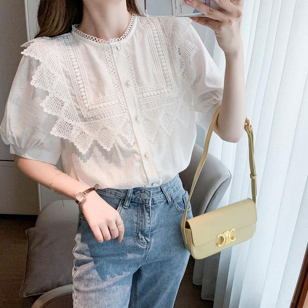 

women's blouses & shirts 2021 korean version of wild lace stitching round neck short sleeve single breasted casual shirt blouse summer, White