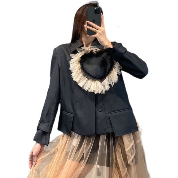 

women's jackets highstreet fashionable love mesh stitching black short jacket female long sleeve lapel slim coat suit 2021 spring summe, Black;brown