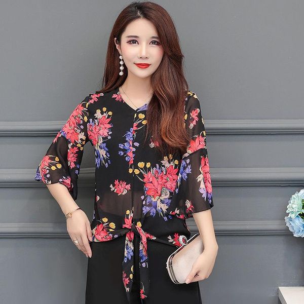 

women's blouses & shirts women spring summer style chiffon lady floral printed half flare sleeve v-neck ruffles blusas df2665, White