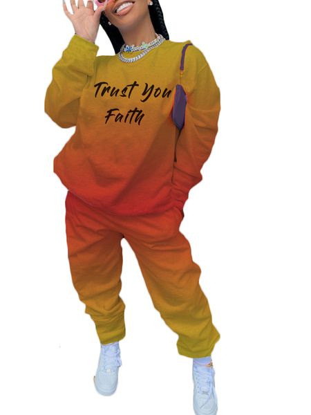 

women autumn tracksuits with gradient color printing lady plus size high waist sport pants + o-neck swearshirts two piece sets, White