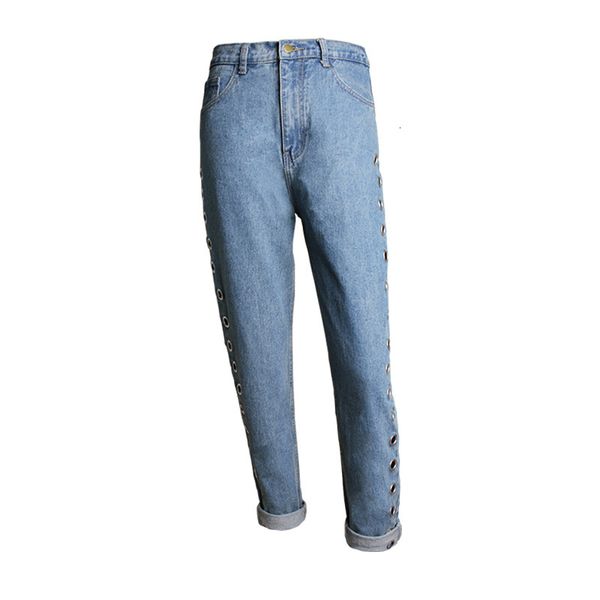

female street european and american bf wind high waist loose pants hollow rivet metal eyelet jeans, Blue