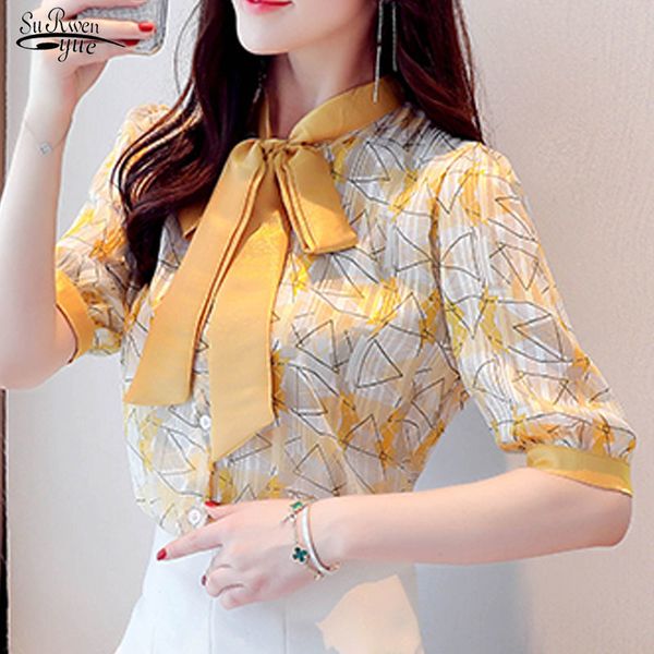 

summer sweet puff sleeve shirt loose fit bow collar short tie elegant printed chiffon blouse women 9547 210427, White