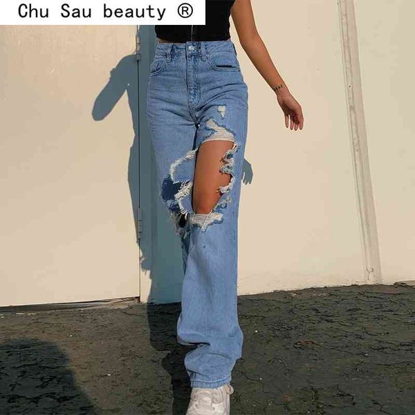 

fashion ripped straight women's jeans baggy vintage high waist denim distressed streetwear female 210508, Blue