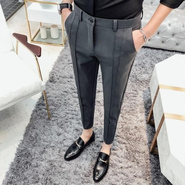 

men's wool & blends slim summer thin style small trousers fit casual pants korean trend versatile suit, Black