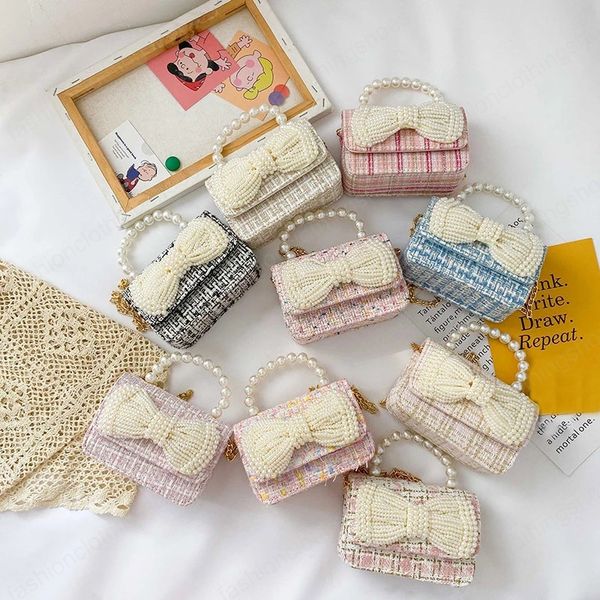 

children's mini purse cute kids pearl bow princess messenger bag little girl small coin wallet pouch girls party handbags tote, White