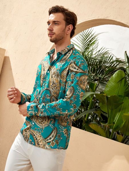 

men paisley print button through shirt 22qr#, White;black