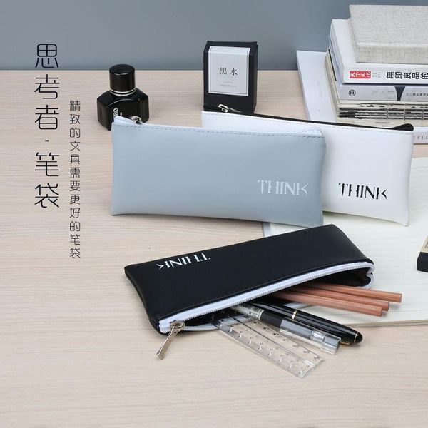 

leather pensil case pencil bag pouches simple stationery organizer black pencilcase school think bags