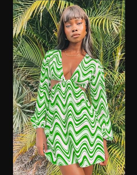 

casual dresses women's summer fall close-fitting hollow out backless dress female green wavy stripe printed pattern long sleeve dating, Black;gray