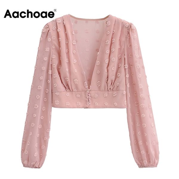 Rosa Farbe Dot Stickerei Chiffon Bluse Frauen Laterne Langarm Chic Lady Cropped Tops Solide V-Ausschnitt Strand Kurzes Hemd 210413