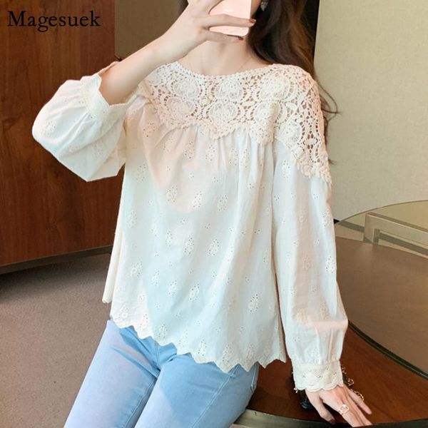 

women's blouses & shirts spring casual shirt female embroidery solid vinatge blouse women 2021 chic hollow out long sleeve femme blusa, White