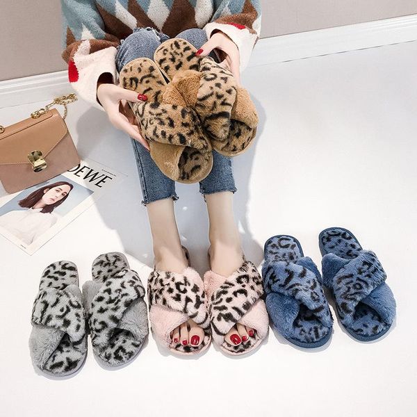 

women's shoes autumn and winter open-toed leopard cross slippers fashion indoor home furry women, Black