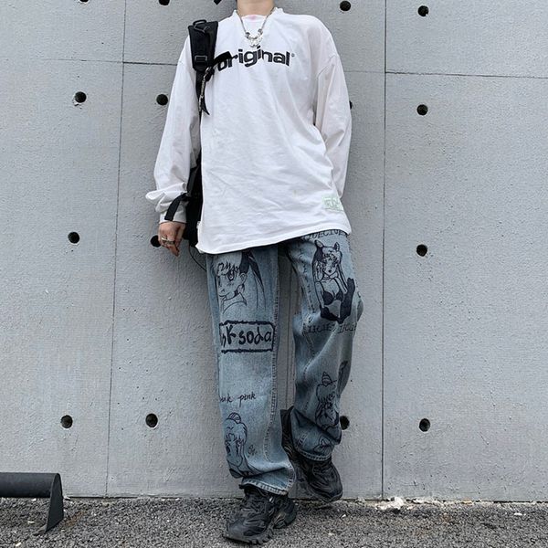 

men's jeans jeans, cartoon pattern, vintage, blue, harajuku style, casual fashion, graphite, loose, for women 5d13