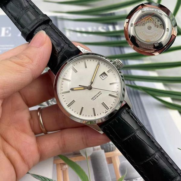 

mens watch leather strap stainless steel case 2813 movement automatic mechanical wristwatch men's watches, Slivery;brown