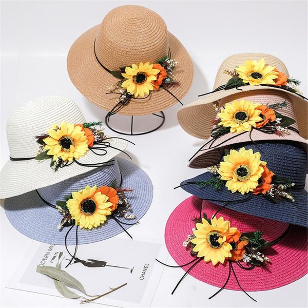 

wide brim hats women solid color big straw hat floppy beach cap with sun flower suitable for summer shading effect #p2, Blue;gray