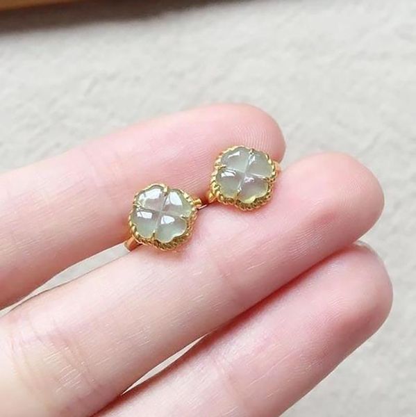 

stud original inlaid natural high transparent chalcedony earrings retro light luxury charm ladies brand silver jewelry, Golden;silver