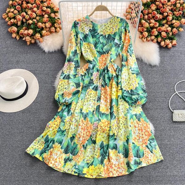 

casual dresses 2021 spring women bohemian holiday green flower print chiffon dress retro elegant fashion mid, Black;gray