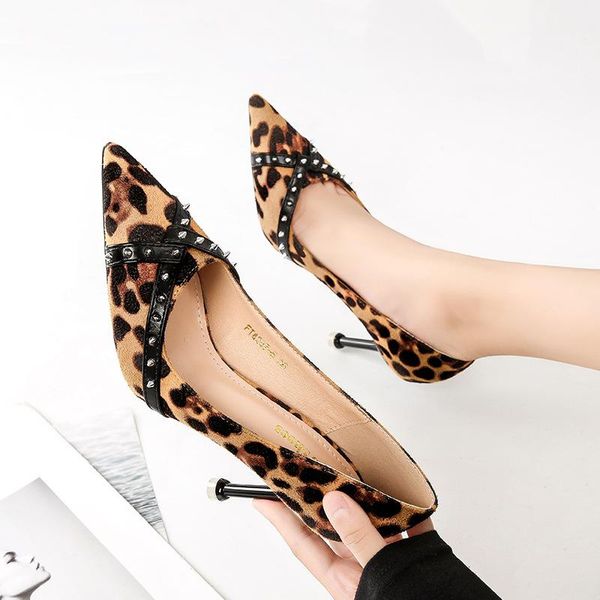 

women pumps leopard high heels shoes ladies fashion stiletto pointed toe rivet nightclub party zapatos mujer tacon dress, Black
