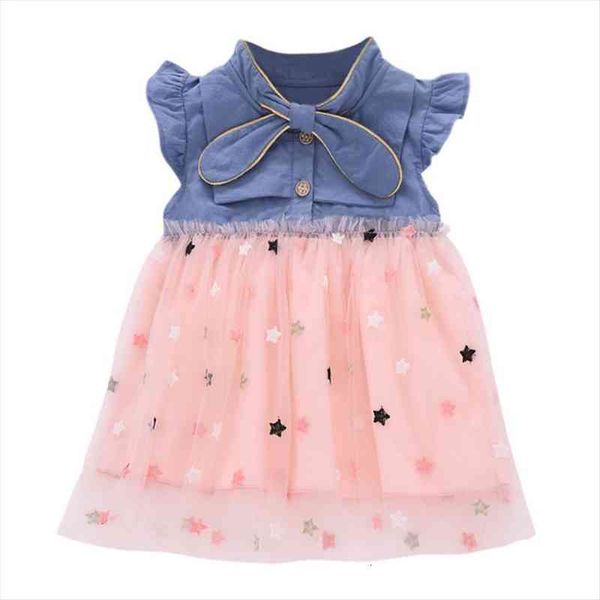 

summer baby girls dress fashion denim sleeveless stitching gauze dress print dresses for girls, Red;yellow