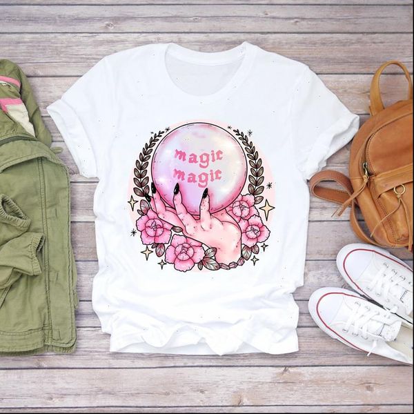 

witch flower hand floral trend womens thanksgiving halloween print graphic tee, White