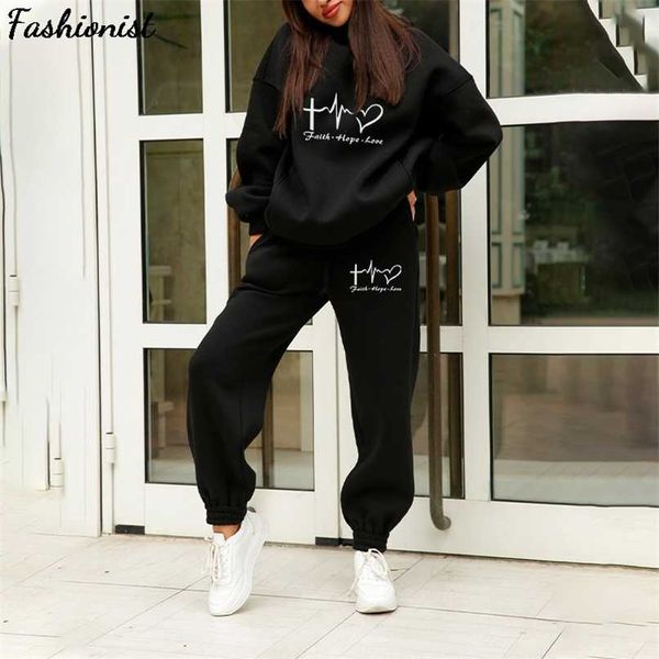 

oversized heart print hoodie women's tracksuit set woman casual 2 piece sets pants and sweatshirt winter autumn streetwear 210930, White