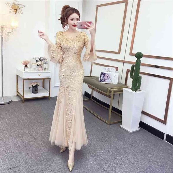 

spring autumn women's dress v-neck flare sleeve sequined long korean pure color slimming es ll213 210506, Black;gray