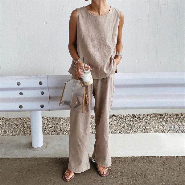 

two piece sets plain trousers womenpant casual slit fashion round neck straight pullover fashionable setup sleeveless vest, White