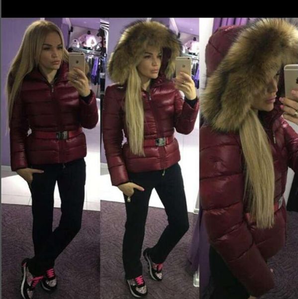 

women big real raccoon fur hooded down coat thick warm double zipper slim with belt jacket waterproof parkas black/wine red size 1234