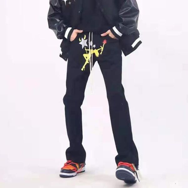 

men's pants five stars print streetwear casual couple trousers drawstring patchwork oversize vibe baggy mens hip loose cargo, Black