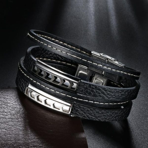 

charm bracelets 2021 fashion jewelry retro multilayer stainless steel bracelet simple black leather cuff couple, Golden;silver