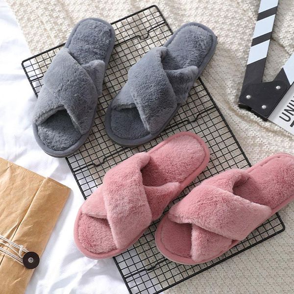 

winter fashion slippers cotton plush autumn cross ladies flip flop outdoor shoes women solid color slipper, Black