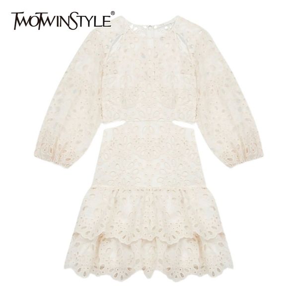 

white hollow out dress for women o neck lantern long sleeve high waist elegant mini dresses female summer 210520, Black;gray