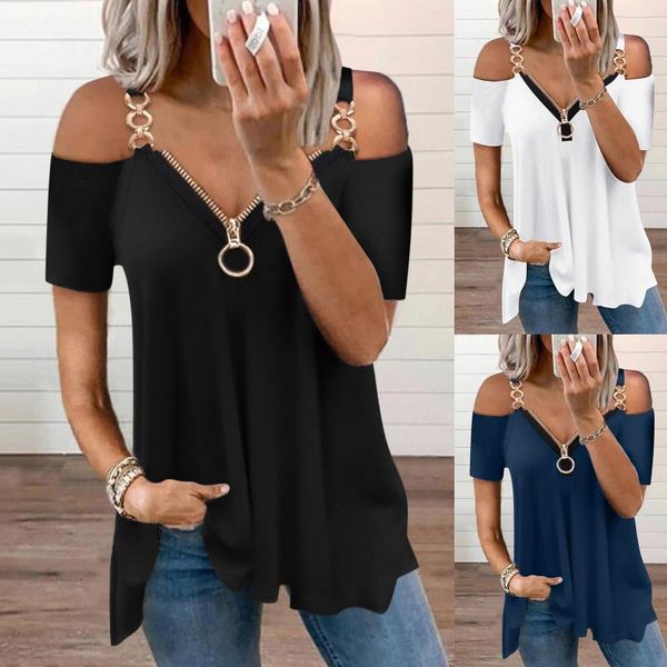 

women's blouses & shirts feitong zipper blouse fashion v neck short sleeve solid knit loose fitting tee black white tshirt party
