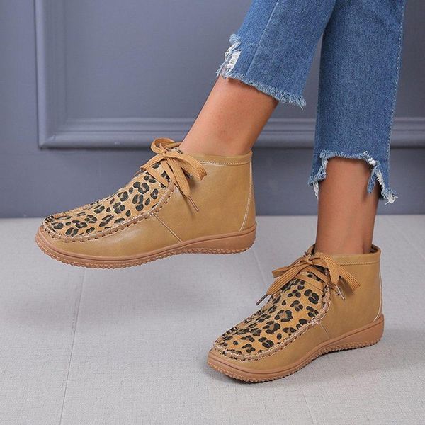 

boots female shoes fashion patchwork lace up ankle winter snow women leopard print warm, Black