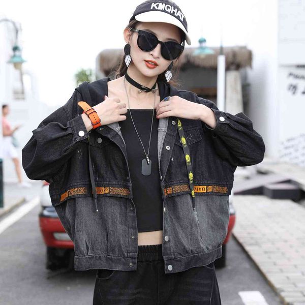 

korean autumn hoodie large regular sleeve length denim cardigan jacket of women waist, Black;brown