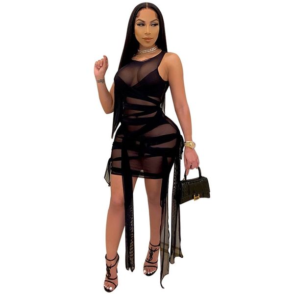 S-4XL Plus Size Mesh See Through Dress per le donne Estate Elastic Hight Night Club Vestido Sexy Bodycon Robe Birthday Outfit 210331