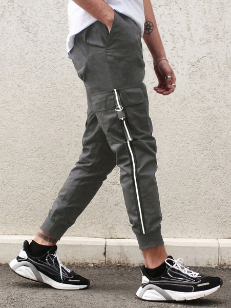 

men contrast tape buckled flap pocket side drawstring waist pants x383#, Black