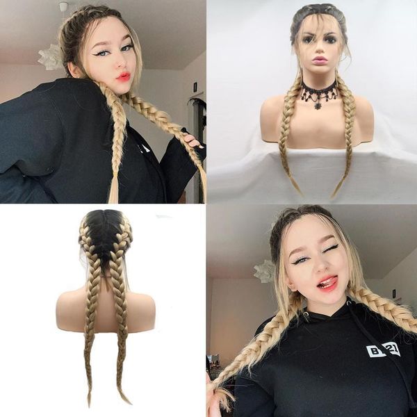

middle long straight double braid natural black hair braided synthetic lace front wig1