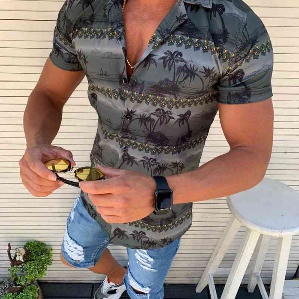 

wshi short sleeve shirt hawaii men's casual coconut landscape 3d lapel shirt, White;black