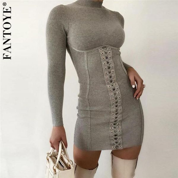 

casual dresses fantoye patchwork ribbed lace up long sleeve for women vintage solid o-neck mini sheath partywear femme vestidos, Black;gray