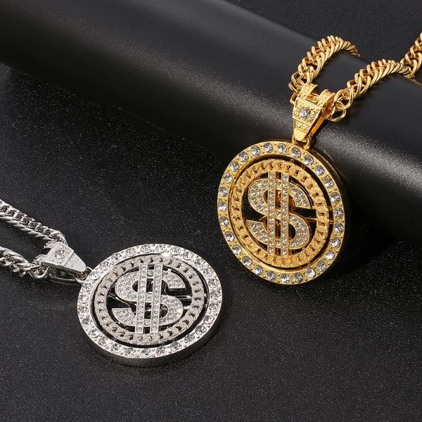 

hip hop men gold sliver color necklace out crystal miami rotatable dollar sign rock pendant bling rapper jewerly for necklaces, Silver