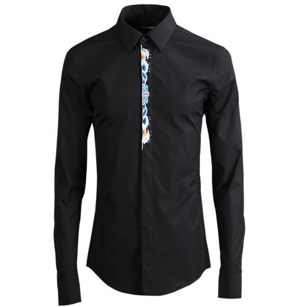 

solid color men shirt fashion placket embroidered mens dress long sleeve luxury shirts casual clothes men's, White;black