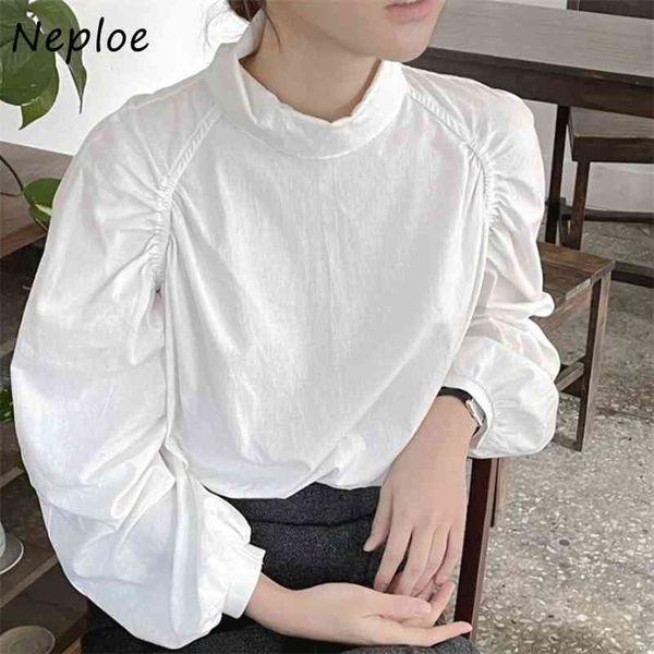 

solid color simple puff sleeve women blouse turtleneck pleated femme blusas korean style ins all-match design shirts 210422, White