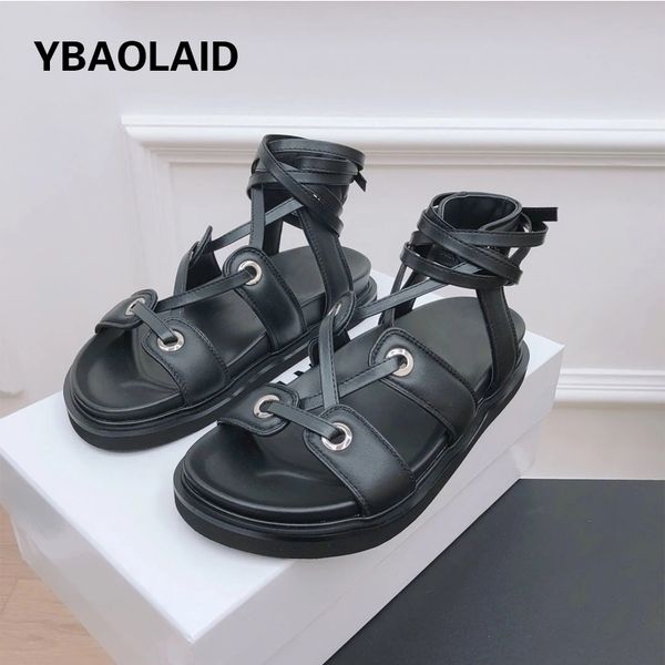 

75% off factory outlet sale hollow genuine leather breathable flat summer new style cross straps comfortable fish mouth roman sandals, Black