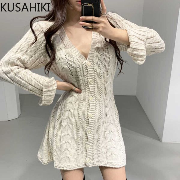 

kusahiki elegant v-neck knitted twisted dress korean single breasted flare sleeve vestido a-line sweater dresses 6f001 210602, Black;gray