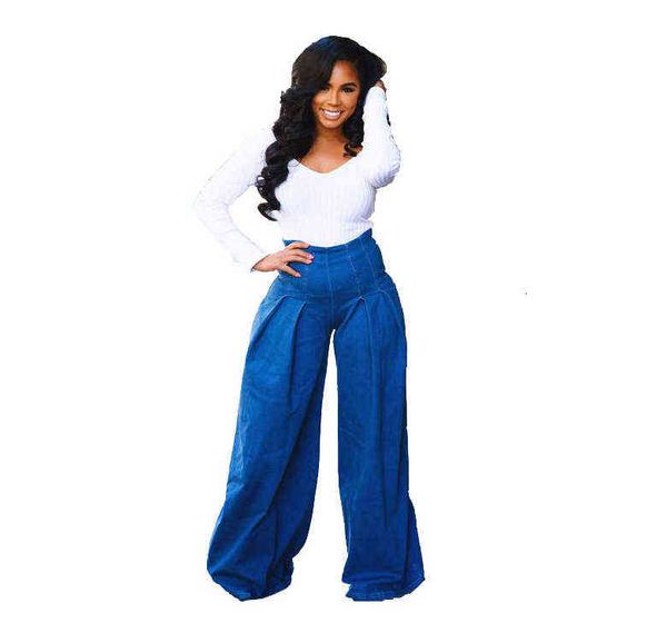 

women's jeans wide foot fashion pleated high waist pants, Black;white